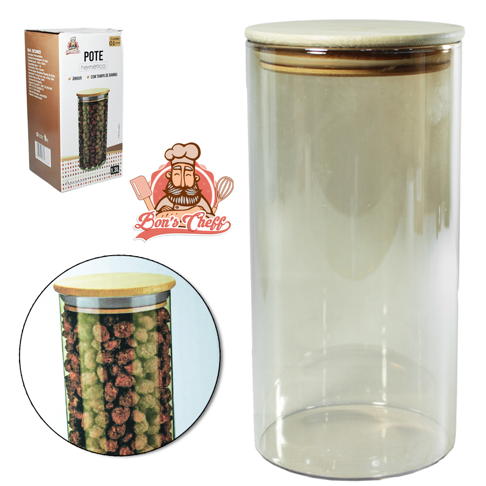 POTE DE VIDRO AMBAR LISO REDONDO COM TAMPA HERMETICA DE MADEIRA / BAMBU 1,3L BONS CHEFF