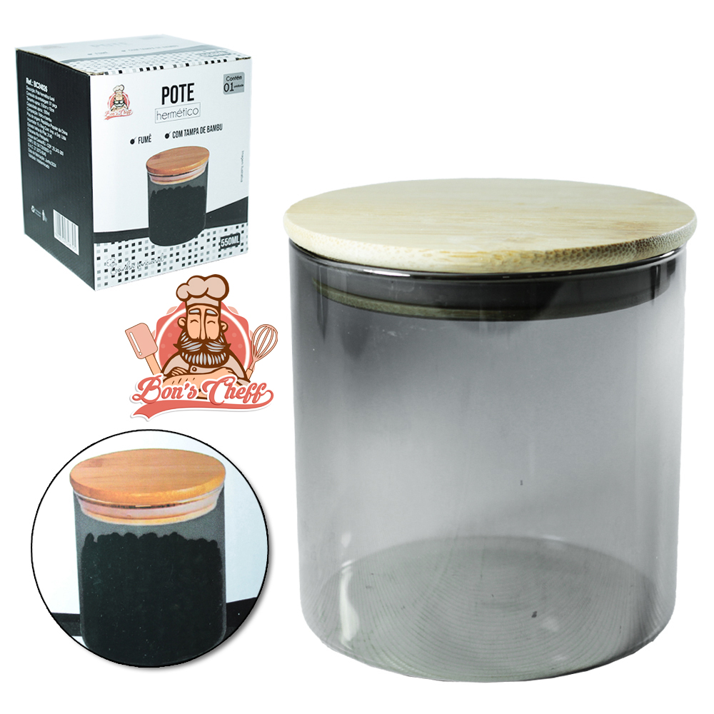 POTE DE VIDRO FUME LISO REDONDO COM TAMPA HERMETICA DE MADEIRA / BAMBU 550ML BONS CHEFF