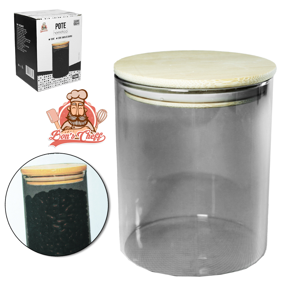 POTE DE VIDRO FUME LISO REDONDO COM TAMPA HERMETICA DE MADEIRA / BAMBU 750ML BONS CHEFF