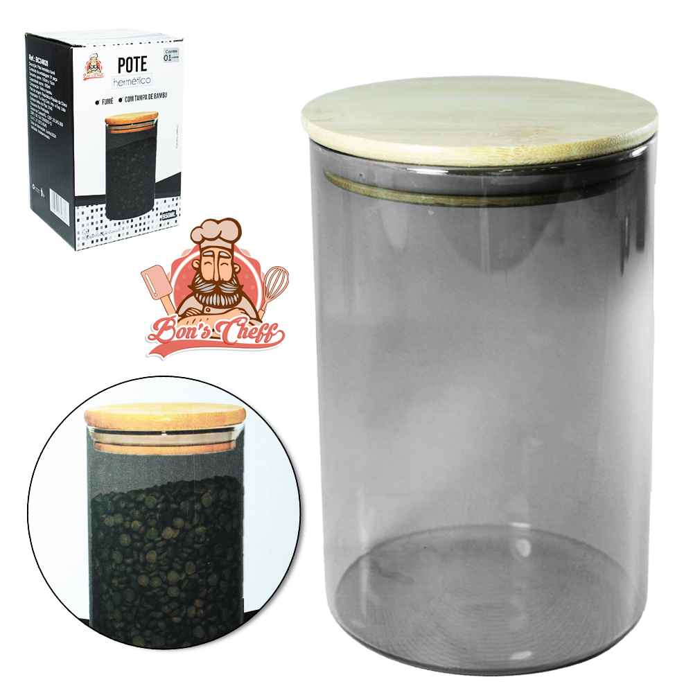 POTE DE VIDRO FUME LISO REDONDO COM TAMPA HERMETICA DE MADEIRA / BAMBU 950ML BONS CHEFF