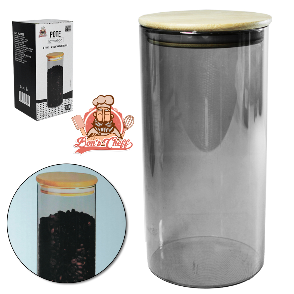 POTE DE VIDRO FUME LISO REDONDO COM TAMPA HERMETICA DE MADEIRA / BAMBU 1,3L BONS CHEFF