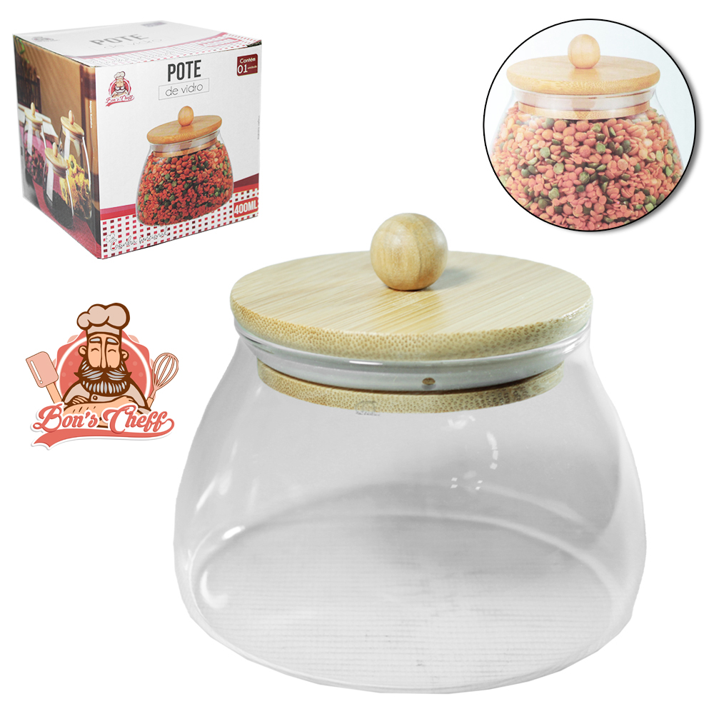 POTE DE VIDRO LISO BOJUDO COM TAMPA HERMETICA DE MADEIRA / BAMBU COM POMEL 400ML BONS CHEFF