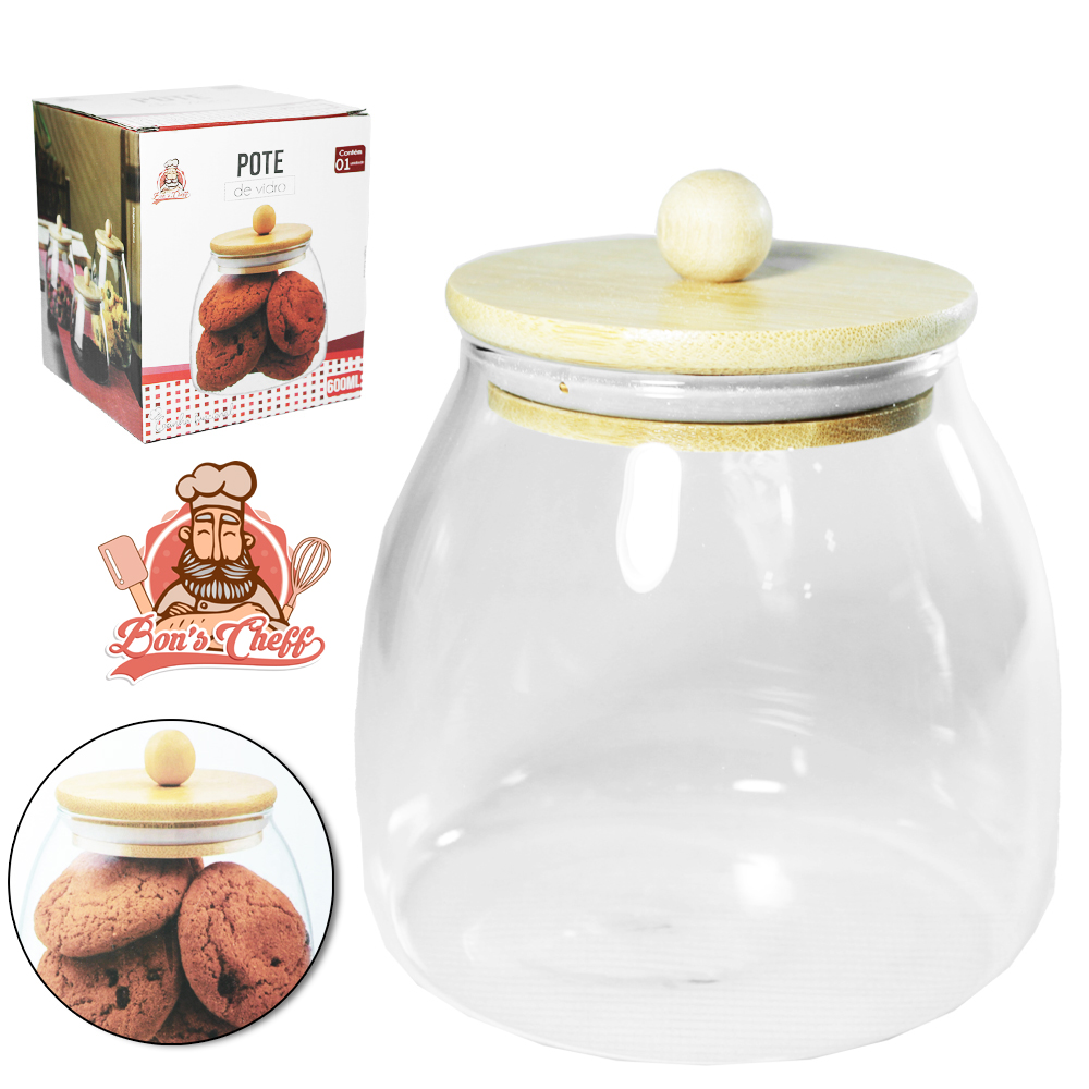 POTE DE VIDRO LISO BOJUDO COM TAMPA HERMETICA DE MADEIRA / BAMBU COM POMEL 600ML BONS CHEFF