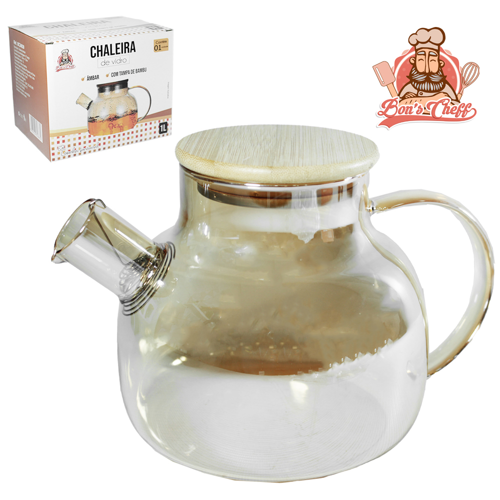 CHALEIRA DE VIDRO AMBAR COM COADOR DE INOX NO BICO + TAMPA DE MADEIRA / BAMBU 1L BONS CHEFF