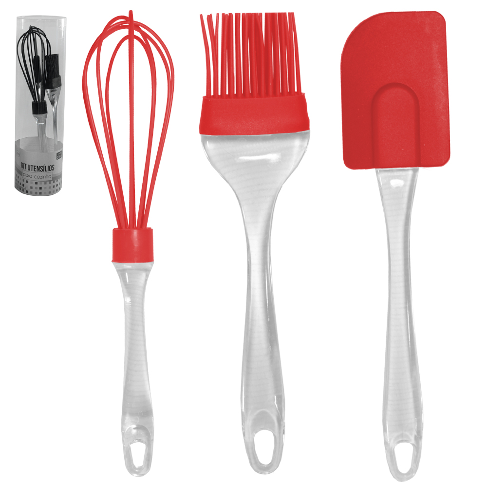 KIT UTENSILIOS DE SILICONE CABO ACRILICO PAO DURO / FOUET / PINCEL NO TUBO