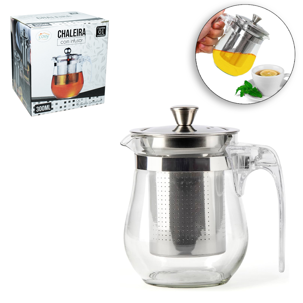 CHALEIRA DE VIDRO COM INFUSOR COM TAMPA DE INOX E ALCA ACRILICO 300ML