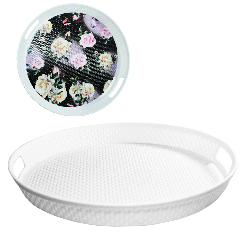 BANDEJA DE PLASTICO REDONDA COM ALCA ESTAMPAS SORTIDAS 4,2X34,6CM DE Ø  