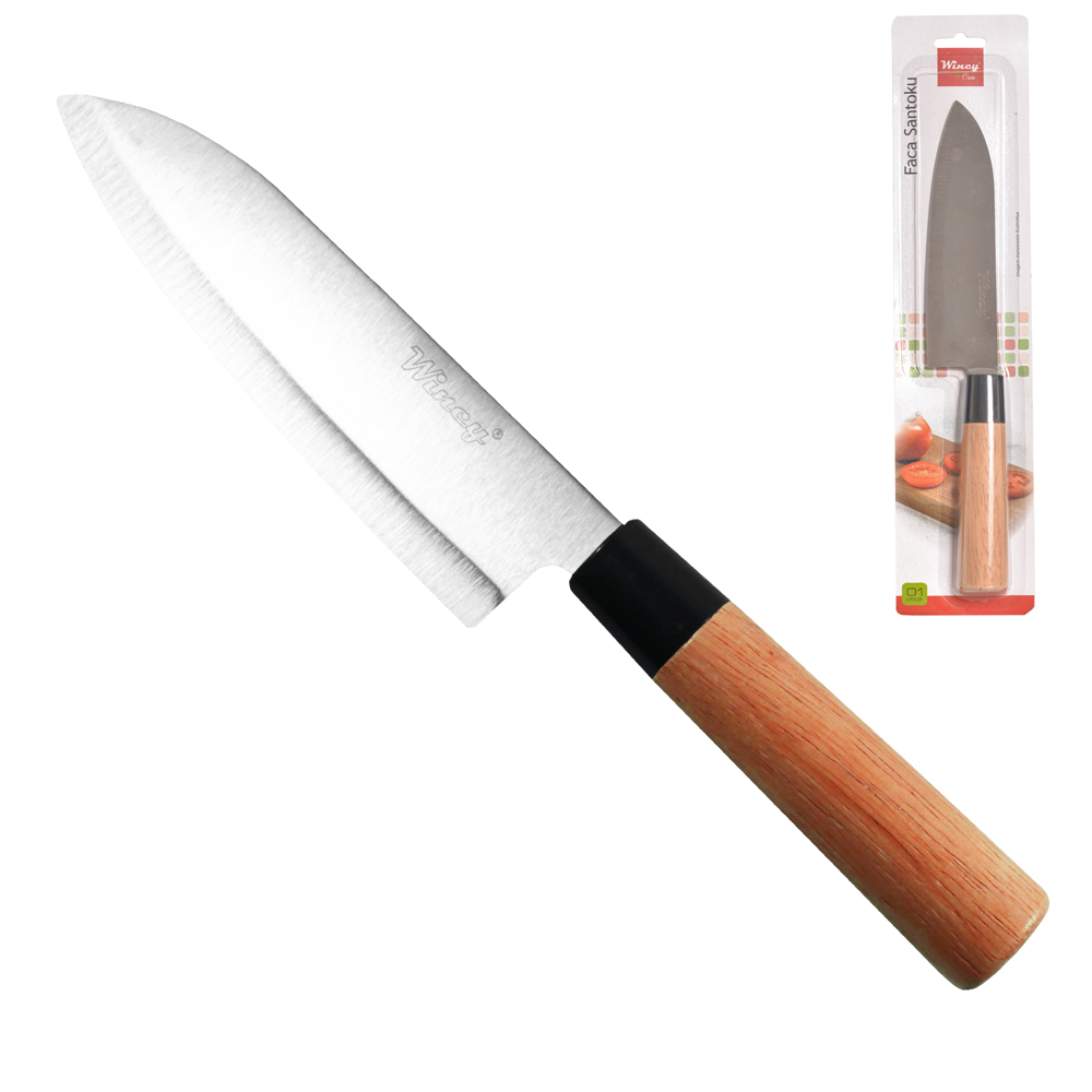 FACA SANTOKU 7'' DE  INOX CABO TIPO MADEIRA  