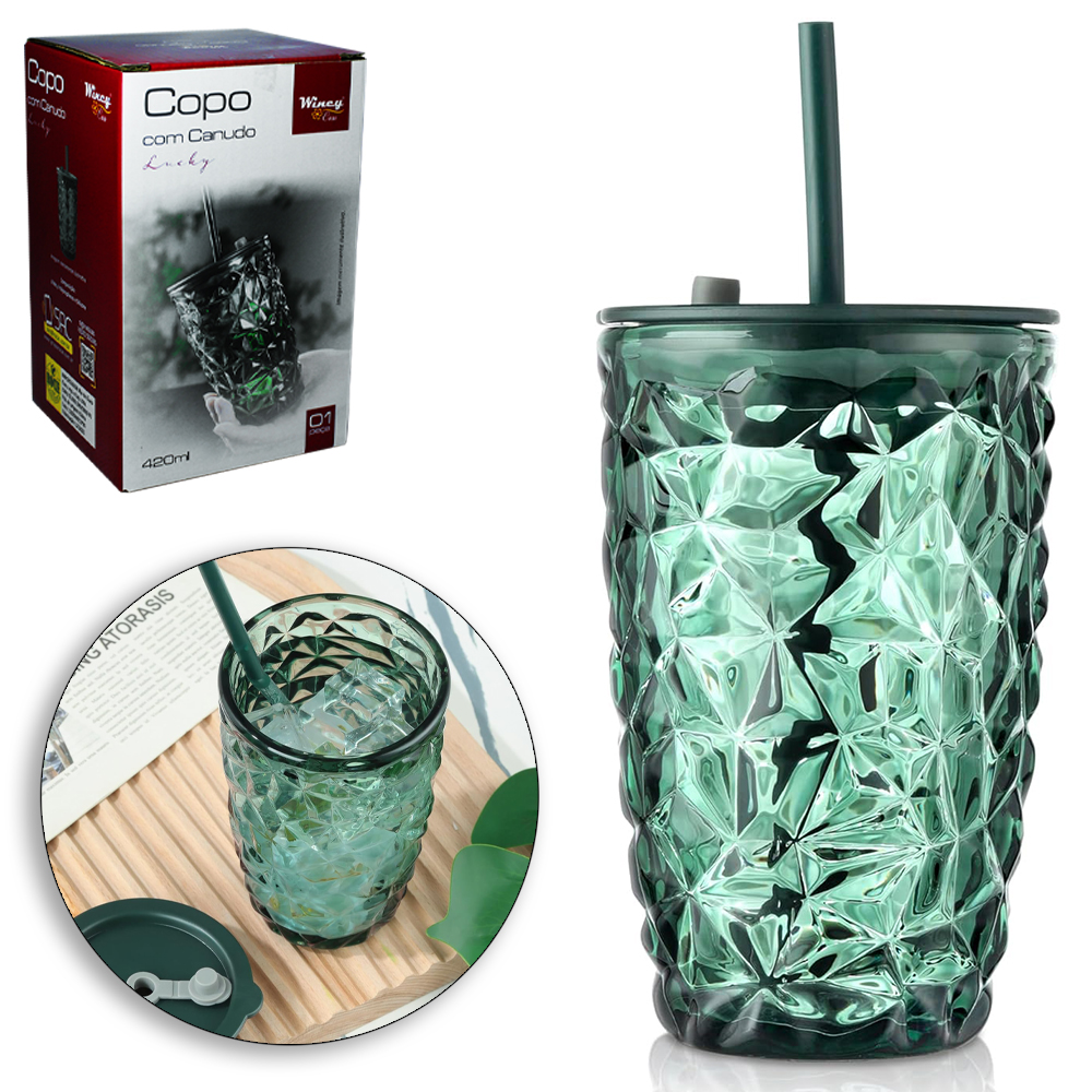 CANECA COPO DE VIDRO COM CANUDO DE SILICONE + TAMPA HERMETICA LUCKY 420ML