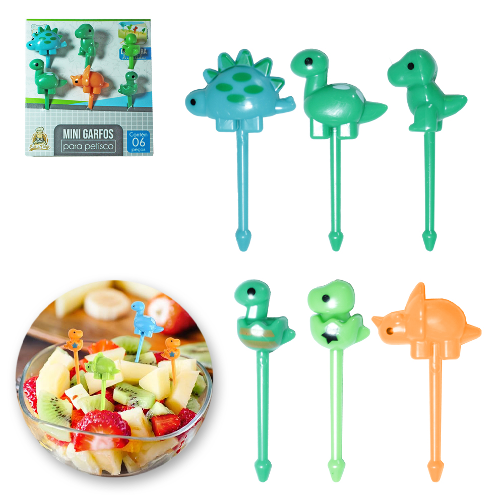 GARFO / GARFINHO DE PLASTICO DINOSSAUROS PARA FRUTAS E PETISCOS COM 6 PECAS 4,5CM BONS CHEFF