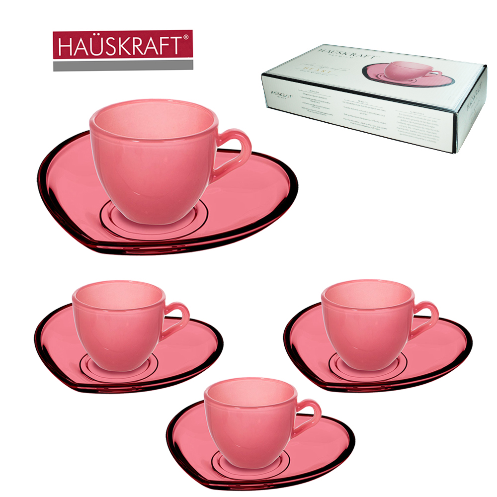 JOGO DE XICARA VIDRO ROSA COM PIRES CORACAO PARA CAFE LINHA COFFEE AND TEA HEART HAUSKRAFT PREMIUM 8 PECAS  