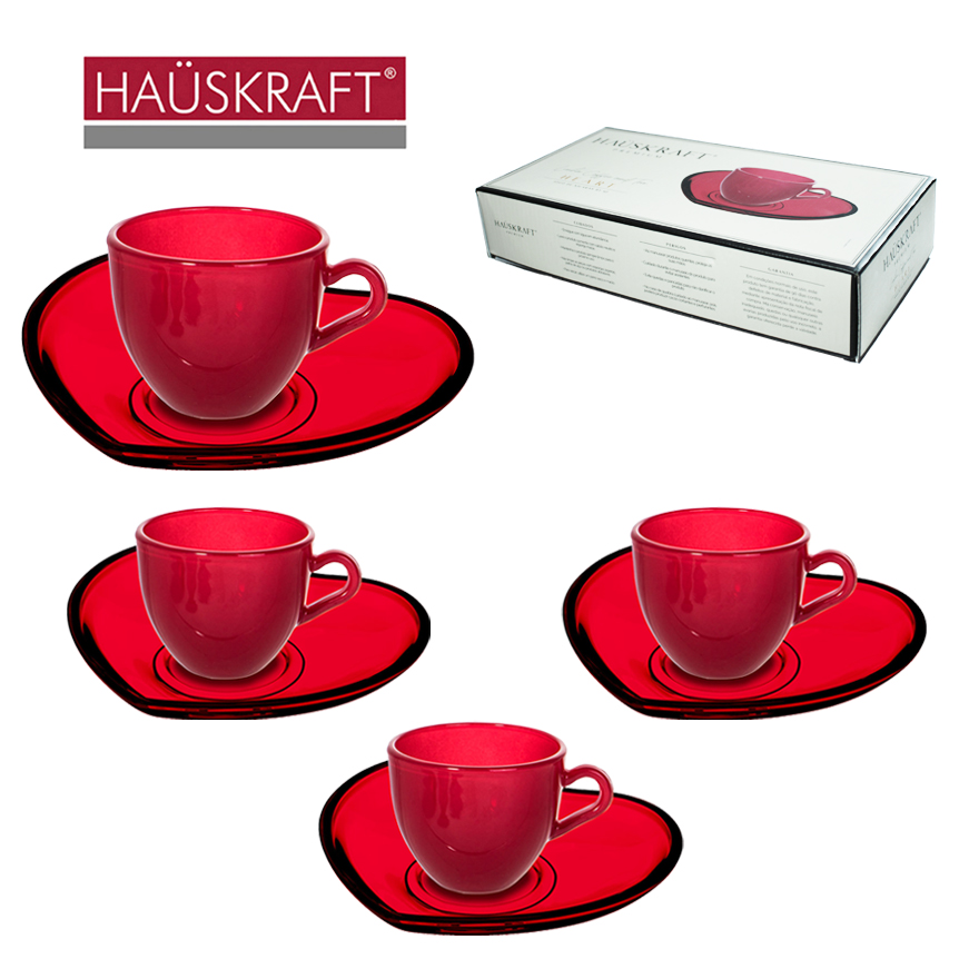 JOGO XICARA VIDRO VERMELHO COM PIRES CORACAO PARA CAFE LINHA COFFEE AND TEA HEART HAUSKRAFT  PREMIUM 8 PECAS  