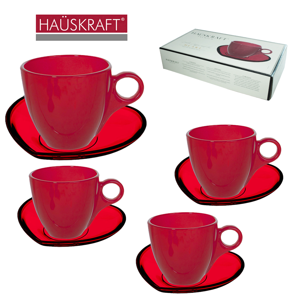 JOGO XICARA VIDRO VERMELHO COM PIRES CORACAO PARA CHA LINHA COFFEE AND TEA HEART HAUSKRAFT  PREMIUM 8 PECAS  