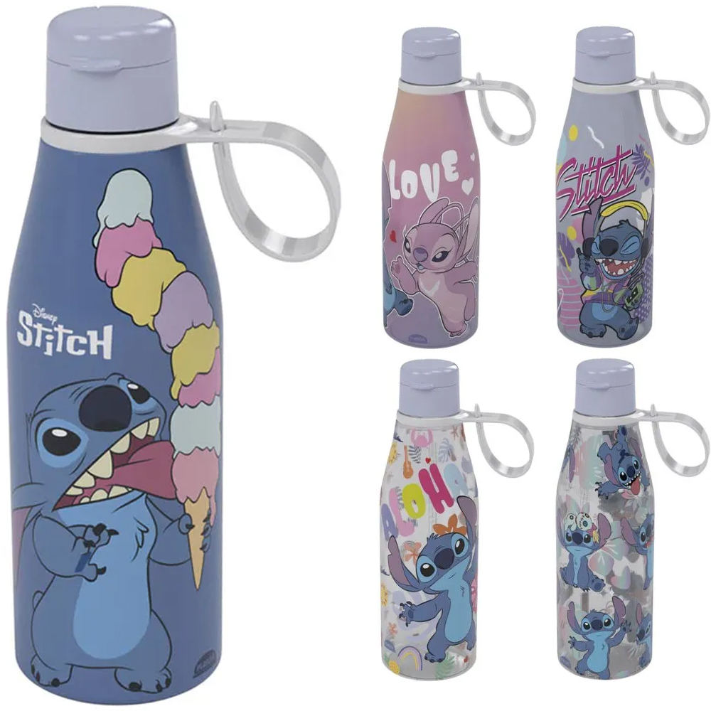 GARRAFA SQUEEZE DE PLASTICO PP STITCH COM TAMPA ABRE FACIL E ALCA 530ML