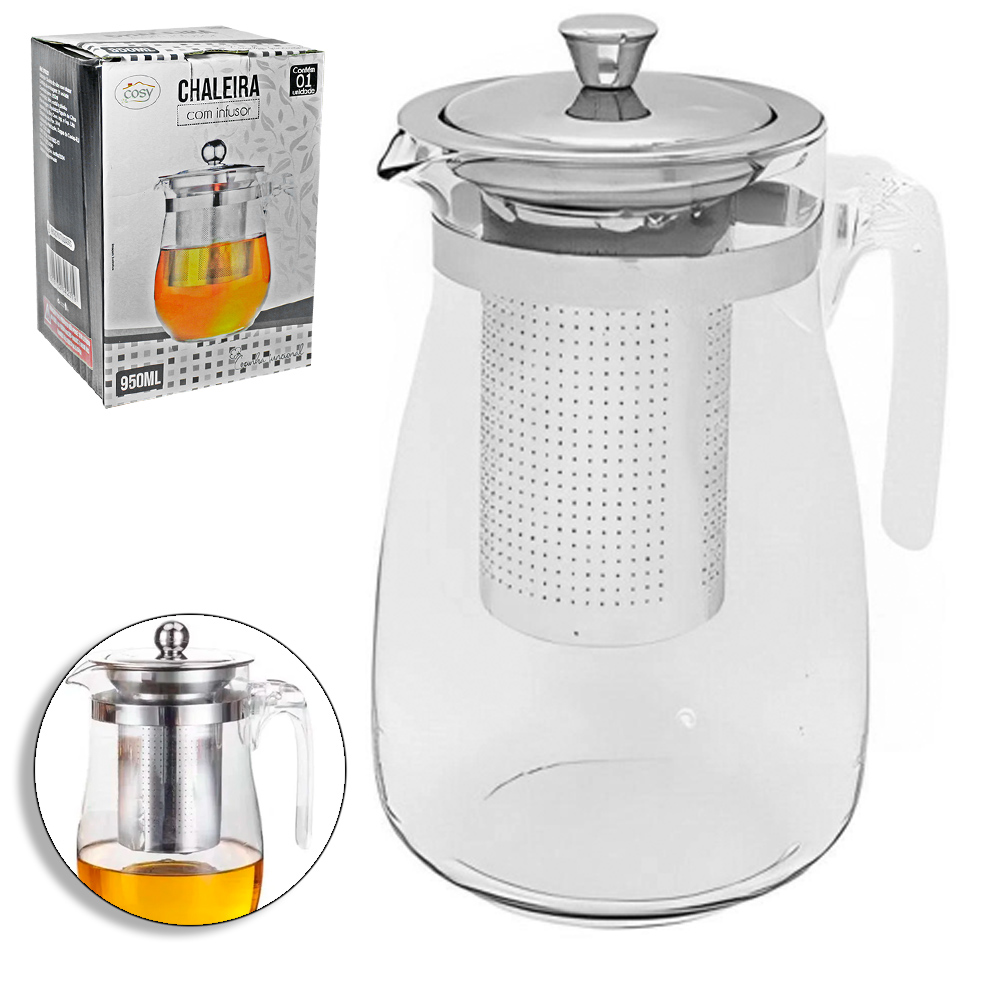 CHALEIRA DE VIDRO COM INFUSOR + TAMPA DE INOX E ALCA DE ACRILICO 950ML 