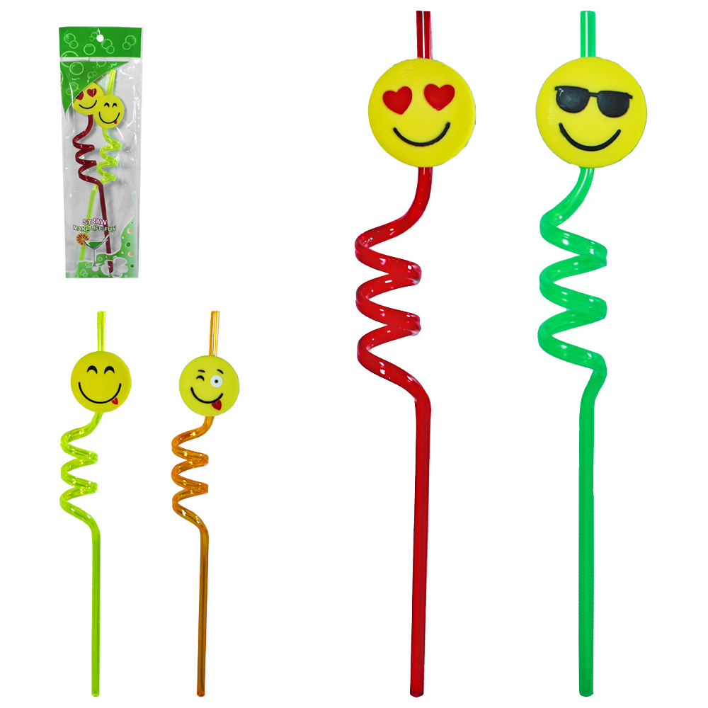 CANUDO DE PLASTICO REUTILIZAVEL ESPIRAL EMOTICONS COLORS COM 2 PECAS 26CM NA SOLAPA