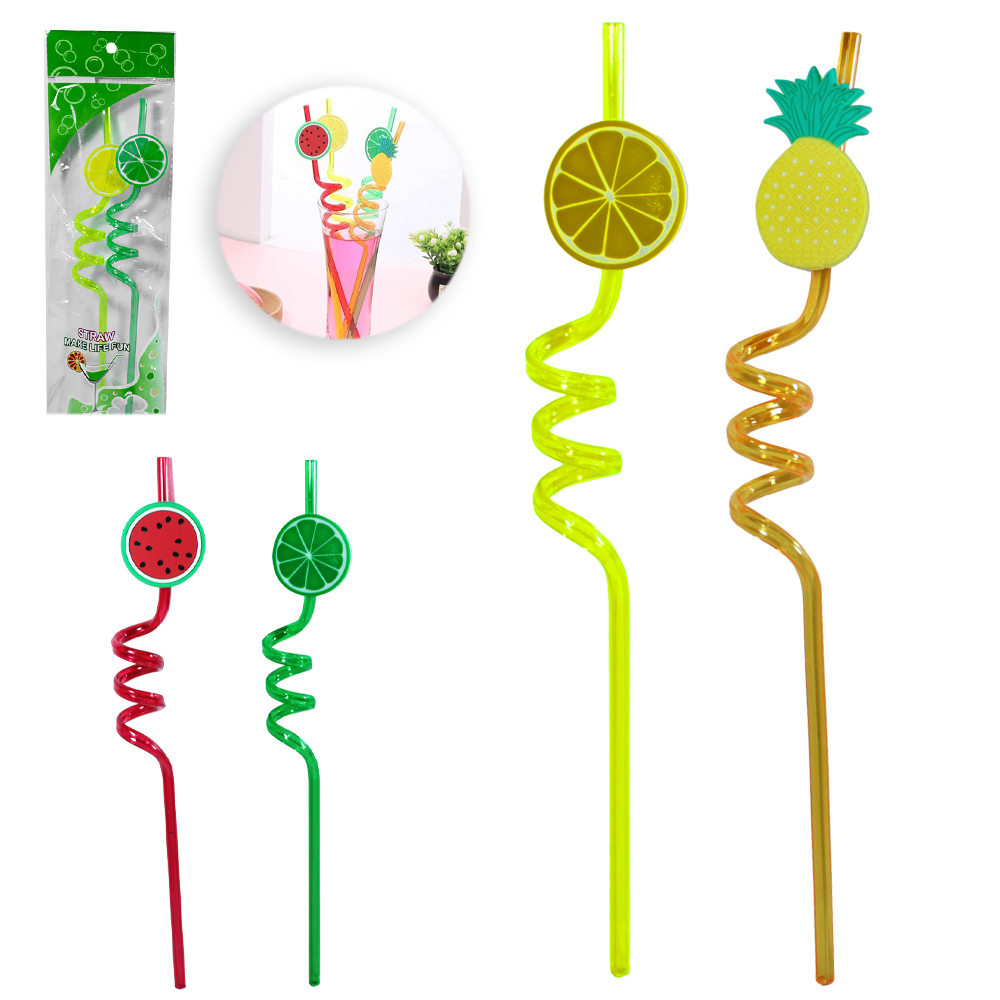 CANUDO DE PLASTICO REUTILIZAVEL ESPIRAL FRUTAS COLORS COM 2 PECAS 26CM NA SOLAPA 