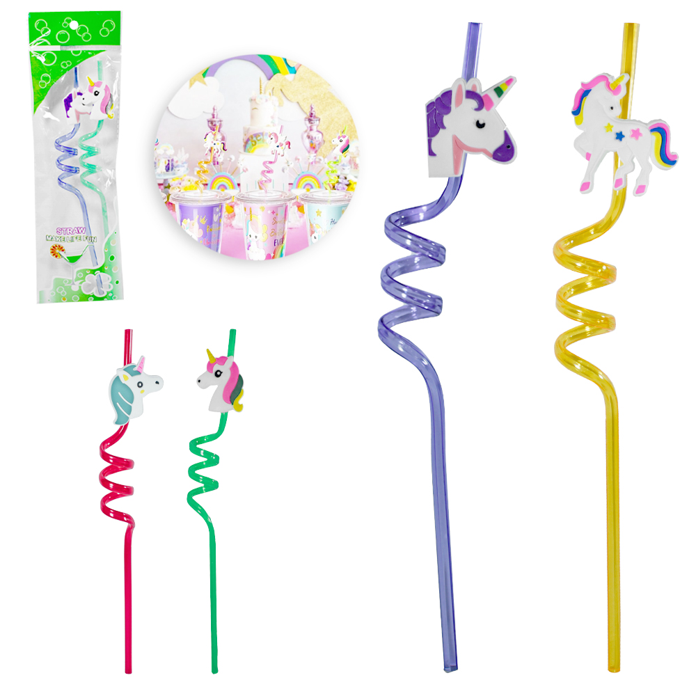 CANUDO DE PLASTICO REUTILIZAVEL ESPIRAL UNICORNIOS COLORS COM 2 PECAS 26CM NA SOLAPA  