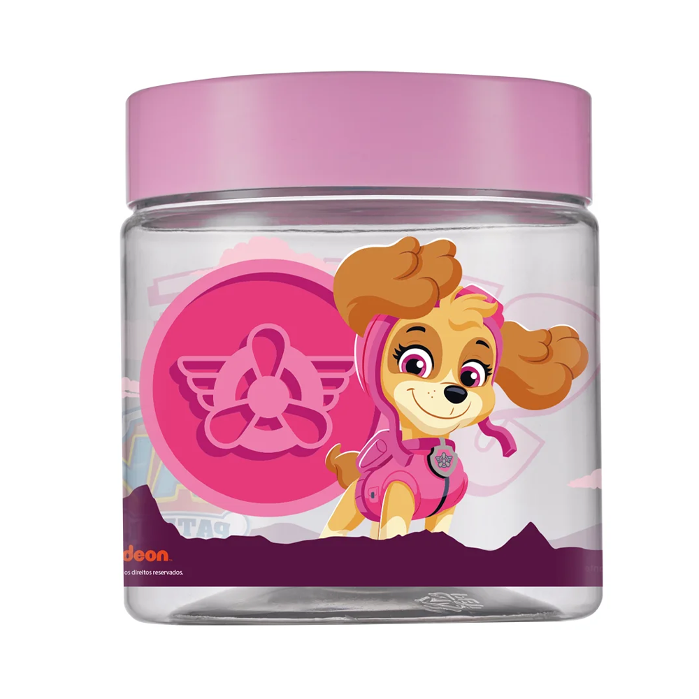 ORGANIZADOR DE PLASTICO REDONDO ROSA PATRULHA CANINA SKYE COM TAMPA DE ROSCA 550ML PAW PATROL  