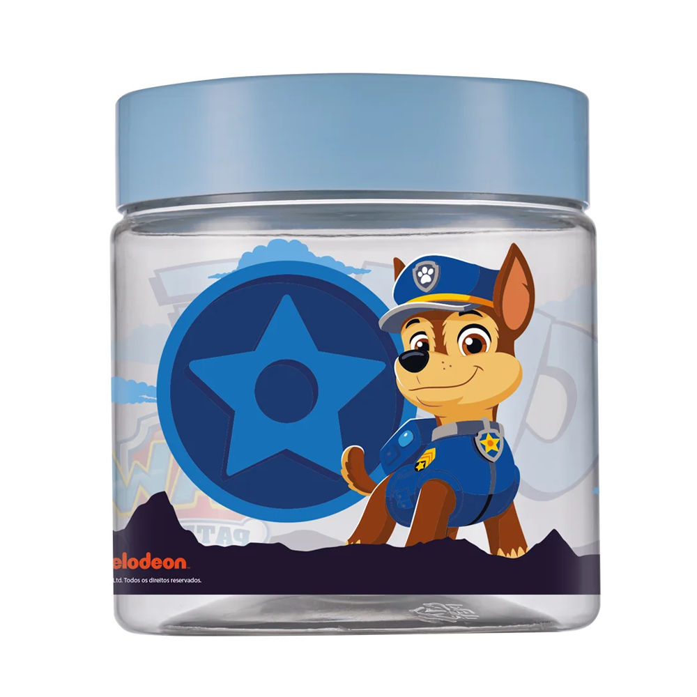 ORGANIZADOR DE PLASTICO REDONDO AZUL PATRULHA CANINA CHASE COM TAMPA DE ROSCA 550ML PAW PATROL 