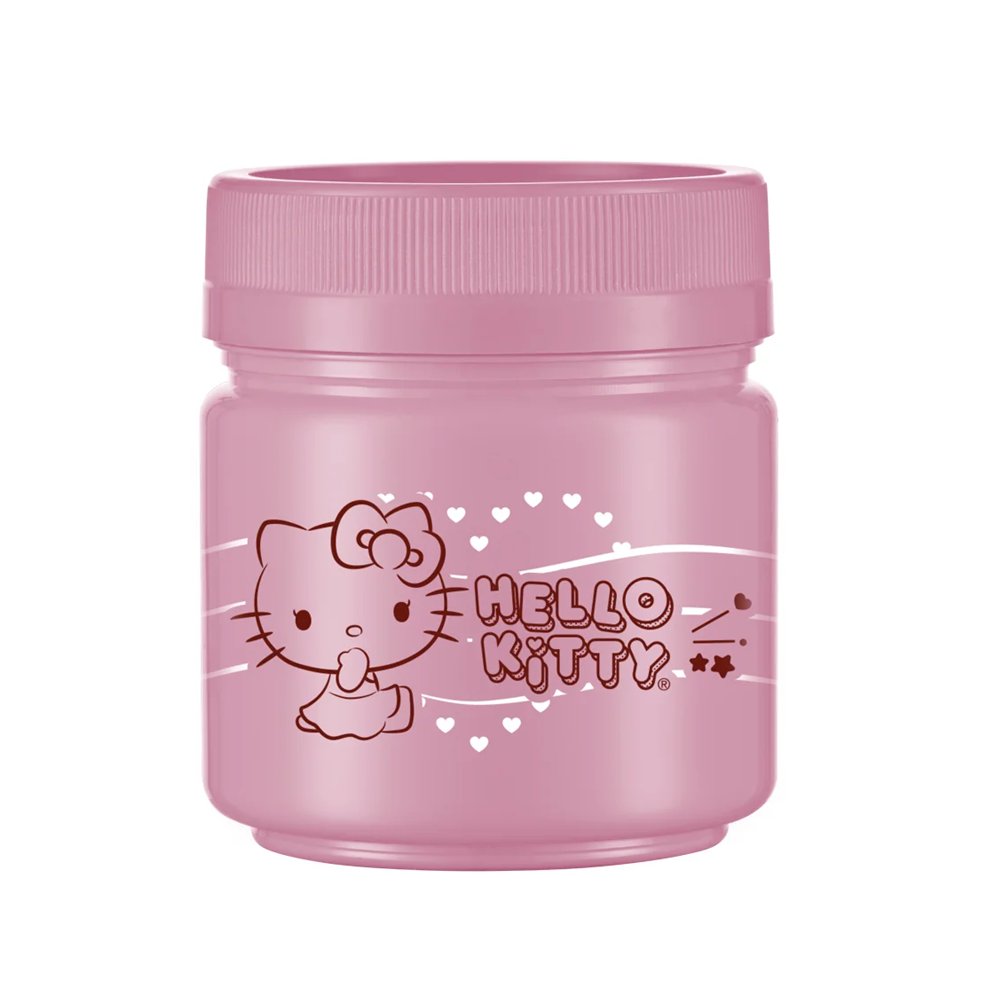 POTE DE PLASTICO REDONDO ROSA HELLO KITTY EMPILHAVEL COM TAMPA DE ROSCA 150ML  