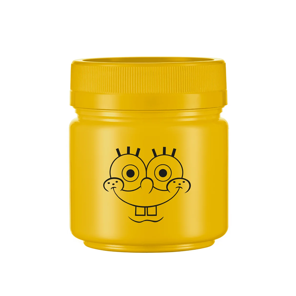 POTE DE PLASTICO REDONDO AMARELO BOB ESPONJA EMPILHAVEL COM TAMPA DE ROSCA 150ML  