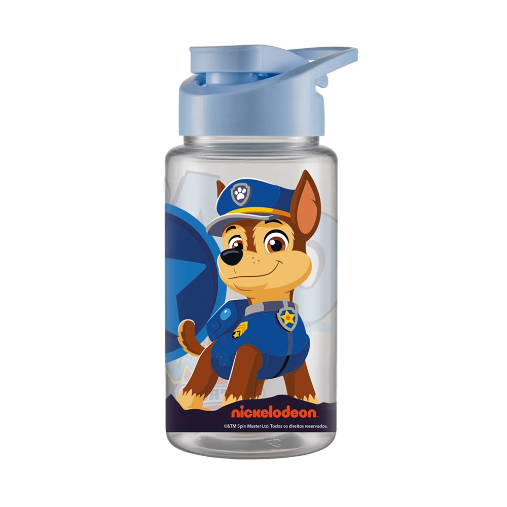 GARRAFA SQUEEZE DE PLASTICO PET AZUL PATRULHA CANINA CHASE COM TAMPA  E ALCA 500ML PAW PATROL  