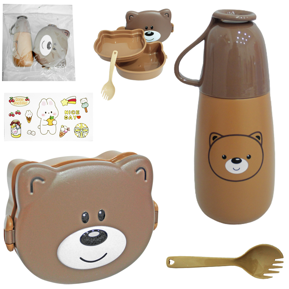 KIT ALIMENTACAO / PAPINHA VIAGEM MARMITA DE PLASTICO COM TAMPA + TALHER 2 EM 1 E COPO URSO 