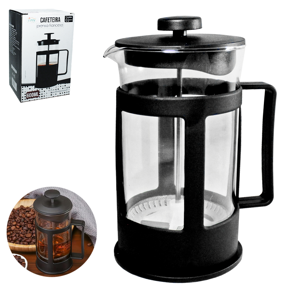 CAFETEIRA FRANCESA / CHALEIRA DE VIDRO 600ML COM TAMPA E BASE DE PLASTICO PRETO