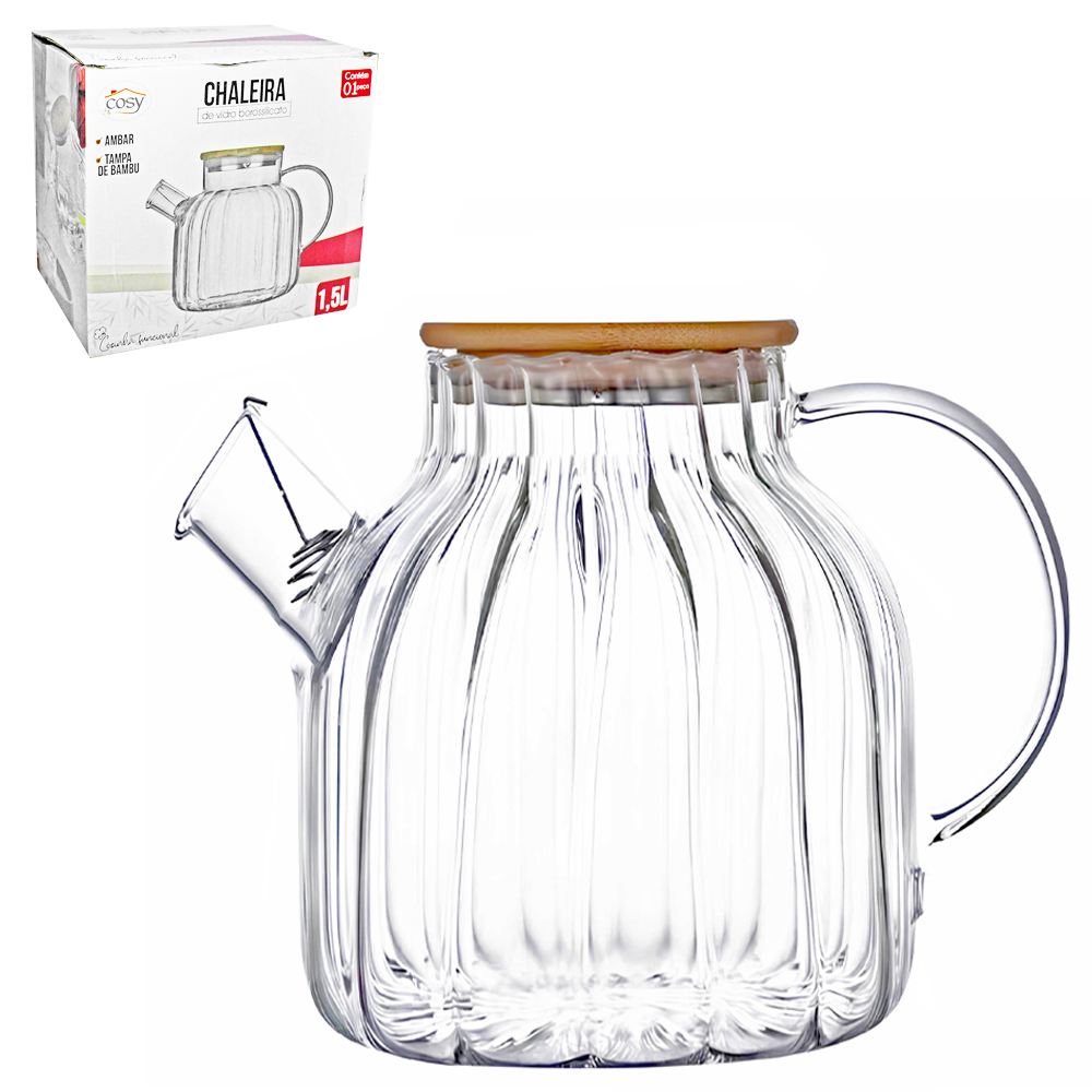 CHALEIRA VIDRO BOROSSILICATO CANELADO COM COADOR INOX NO BICO + TAMPA MADEIRA / BAMBU 1,5L