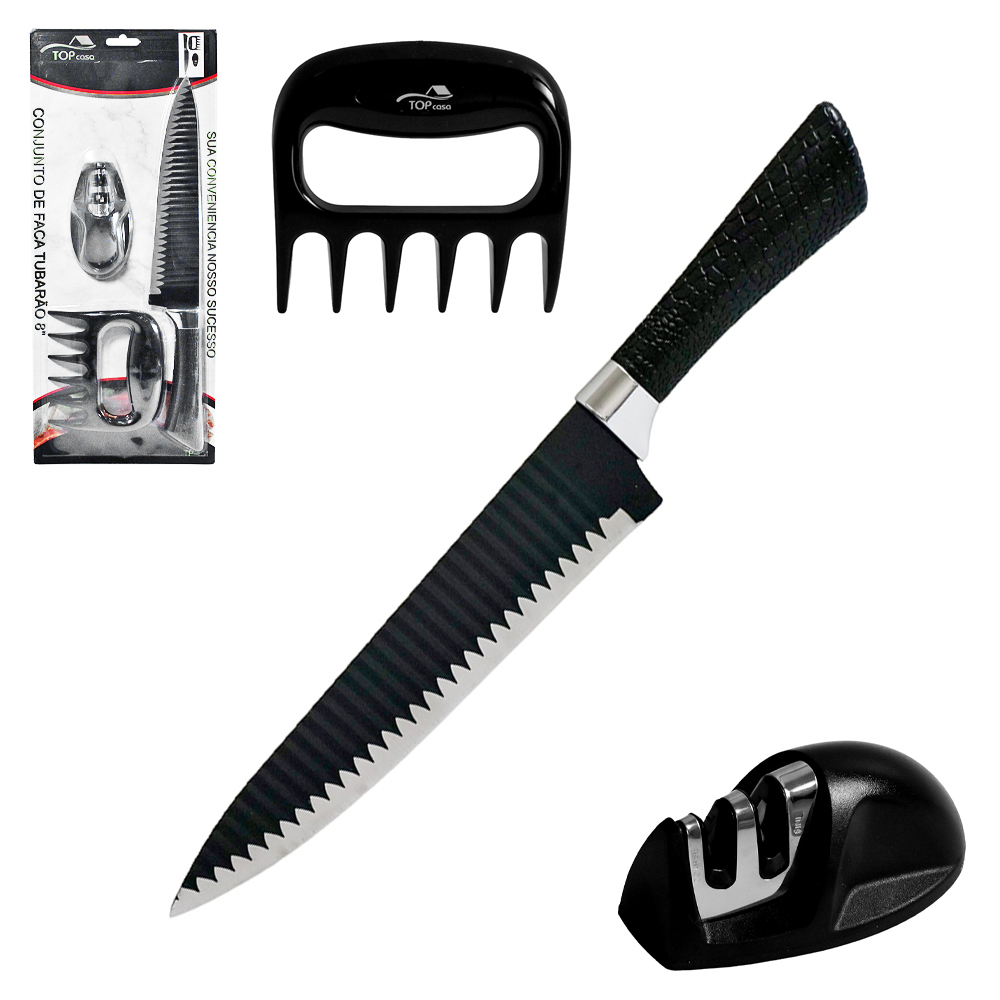 CONJUNTO DE FACA CHURRASCO DE INOX 8'' + GARRA DE URSO + AFIADOR AMOLADOR TUBARAO TOP CASA