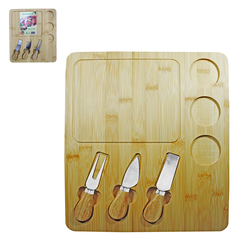 CONJUNTO PARA QUEIJO E FRIOS COM FACA + GARFO DE INOX E TABUA DE BAMBU FRUIT BOARD  