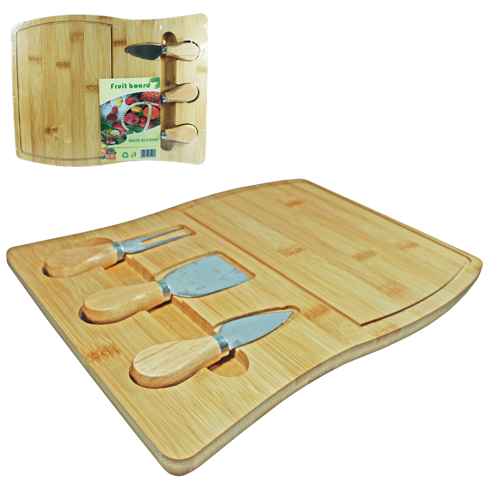 CONJUNTO PARA QUEIJO E FRIOS COM FACA + GARFO DE INOX E TABUA DE BAMBU FRUIT BOARD 33X25CM 