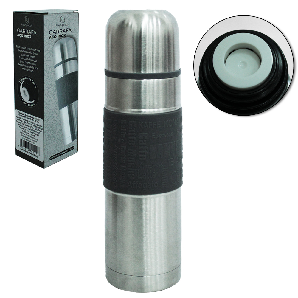 GARRAFA TERMICA DE INOX COM PAREDE DUPLA E PEGADOR EMBORRACHADO 550ML