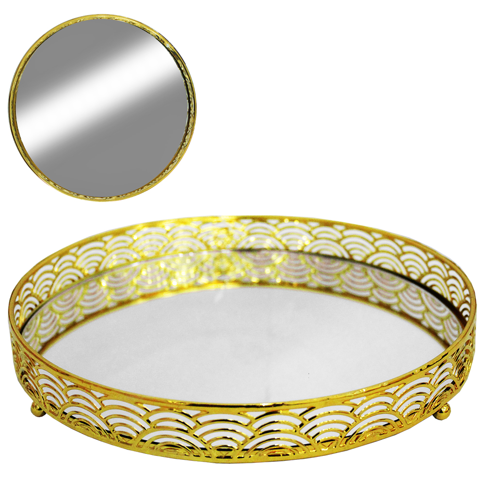 BANDEJA ARAMADO COM ESPELHO REDONDO DECORATIVA METALIZADO DOURADO 4,5X25CM DE Ø