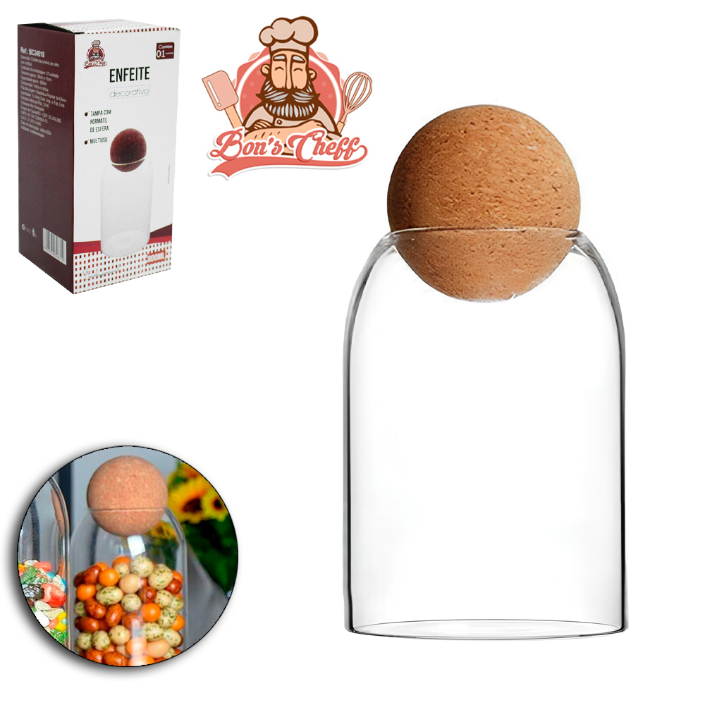 ENFEITE DECORATIVO POTE DE VIDRO REDONDO PARA MANTIMENTOS COM TAMPA BOLA CORTICA 800ML BONS CHEFF