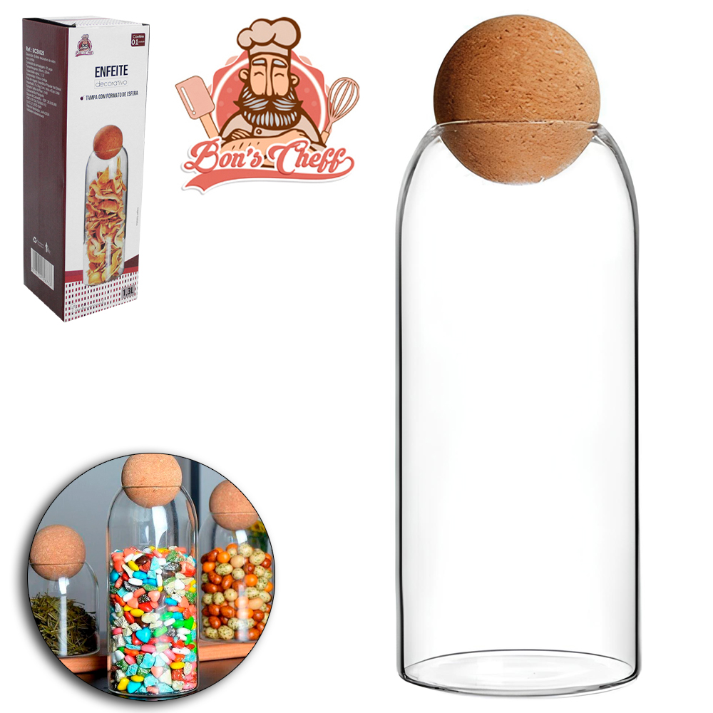 ENFEITE DECORATIVO POTE DE VIDRO REDONDO PARA MANTIMENTOS COM TAMPA BOLA CORTICA 1300ML BONS CHEFF