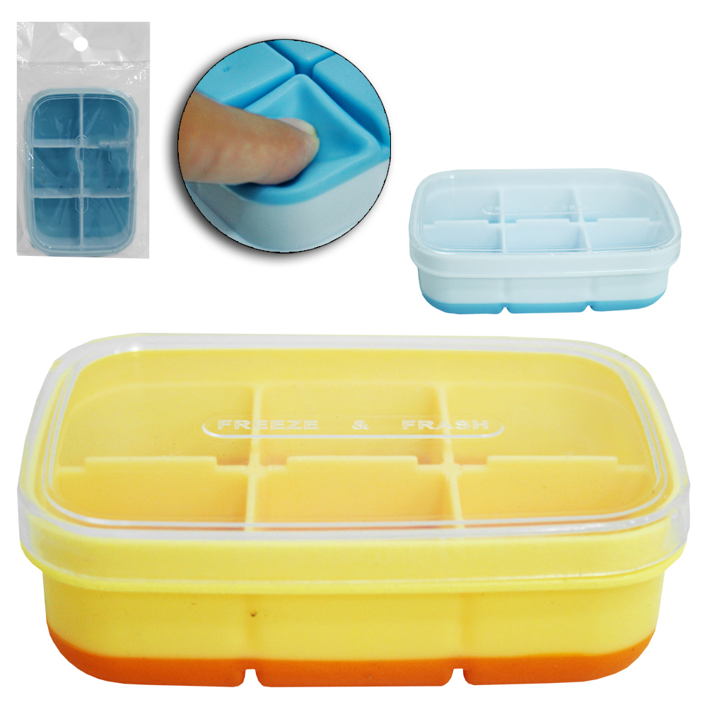 FORMA DE GELO COM 6 CAVIDADES RETANGULAR DE SILICONE / PLASTICO COM TAMPA 11X7,2X3CM