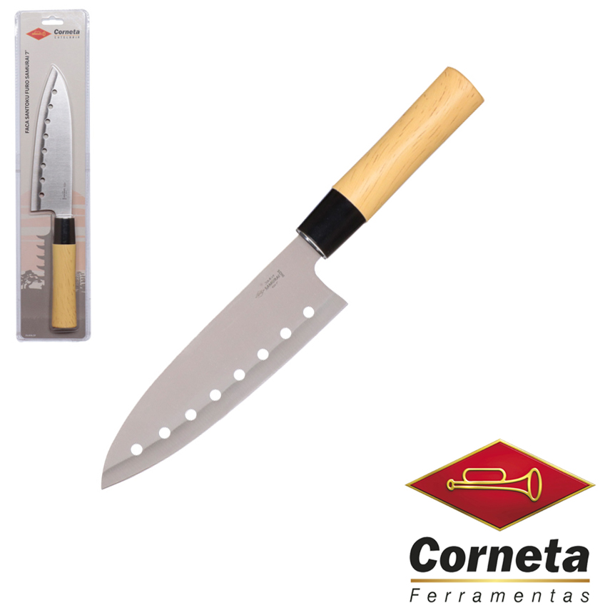 FACA DE SUSHI SANTOKU DE INOX FURO SAMURAI 7'' CABO TIPO MADEIRA CORNETA CUTELARIA