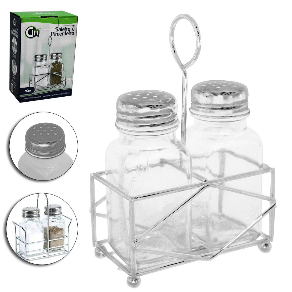 SALEIRO / PIMENTEIRO MESA VIDRO / INOX 2 PECAS 70ML + SUPORTE ARAMADO 