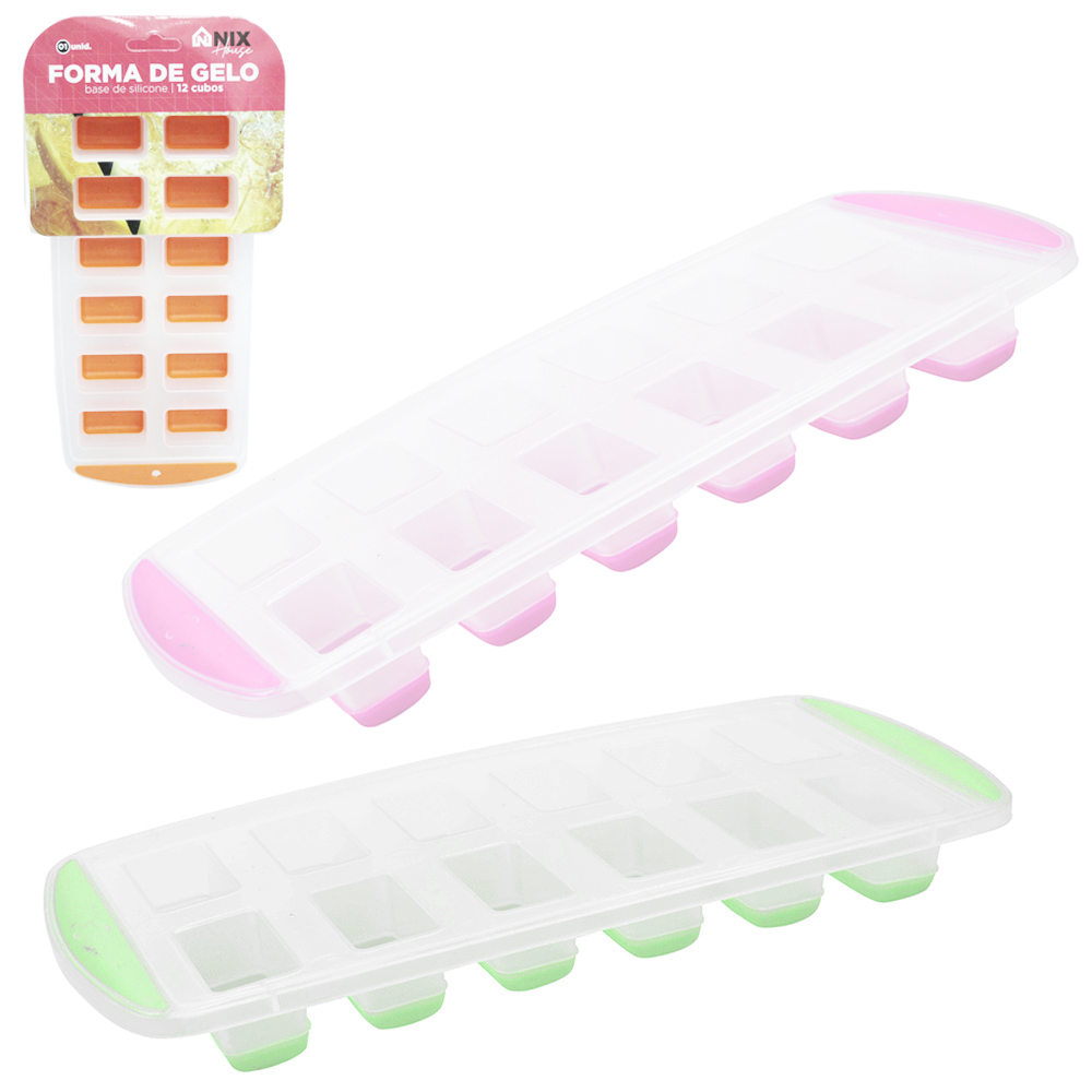 FORMA DE GELO COM 12 CAVIDADES RETANGULAR DE SILICONE / PLASTICO 25X11,8XCM  