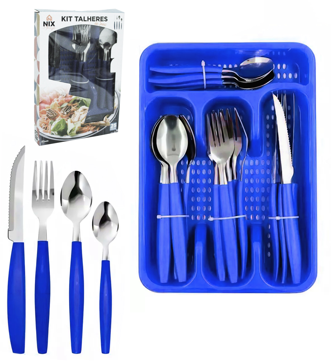 CONJUNTO DE TALHERES / FAQUEIRO DE INOX COM 25 PECAS CABO PLASTICO + PORTA TALHER AZUL 