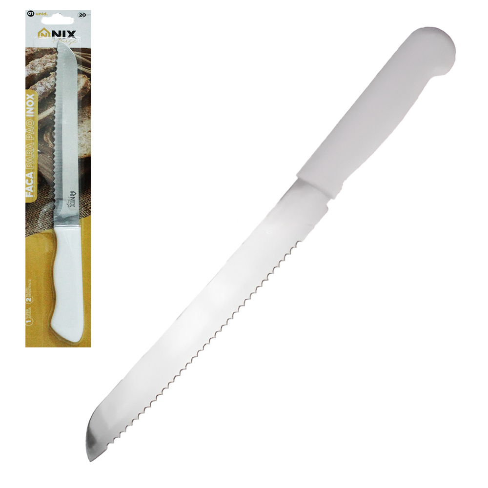 FACA DE PAO DE INOX 8'' CABO PLASTICO BRANCO  