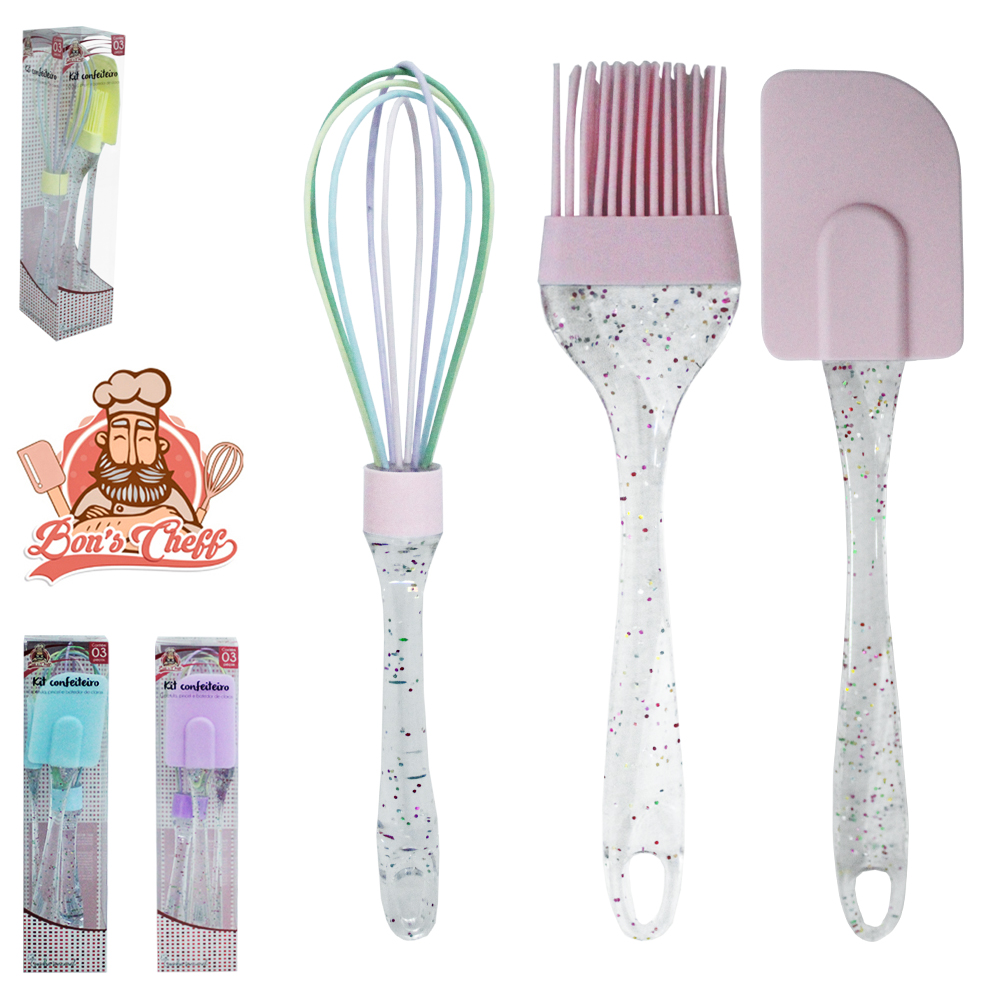 KIT CONFEITEIRO UTENSILIOS BATEDOR CLARA / ESPATULA PAO DURO / PINCEL CABO ACRILICO GLITTER BONS CHEFF