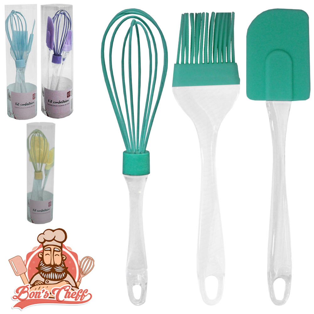 KIT CONFEITEIRO UTENSILIOS BATEDOR CLARA / ESPATULA PAO DURO / PINCEL CABO ACRILICO BONS CHEFF