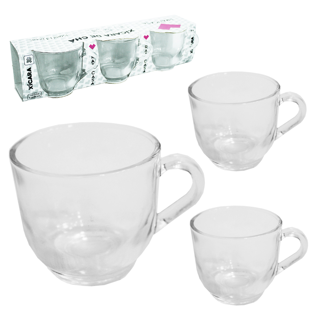 JOGO DE CANECA XICARA DE VIDRO PARA CHA COM 3 PECAS 150ML