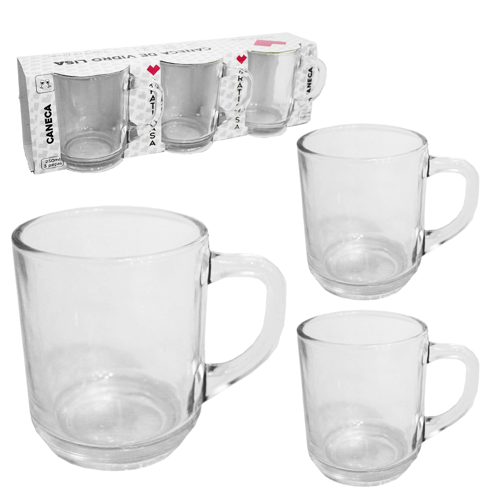 JOGO DE CANECA XICARA DE VIDRO PARA CAFE / CAPPUCCINO COM 3 PECAS 250ML