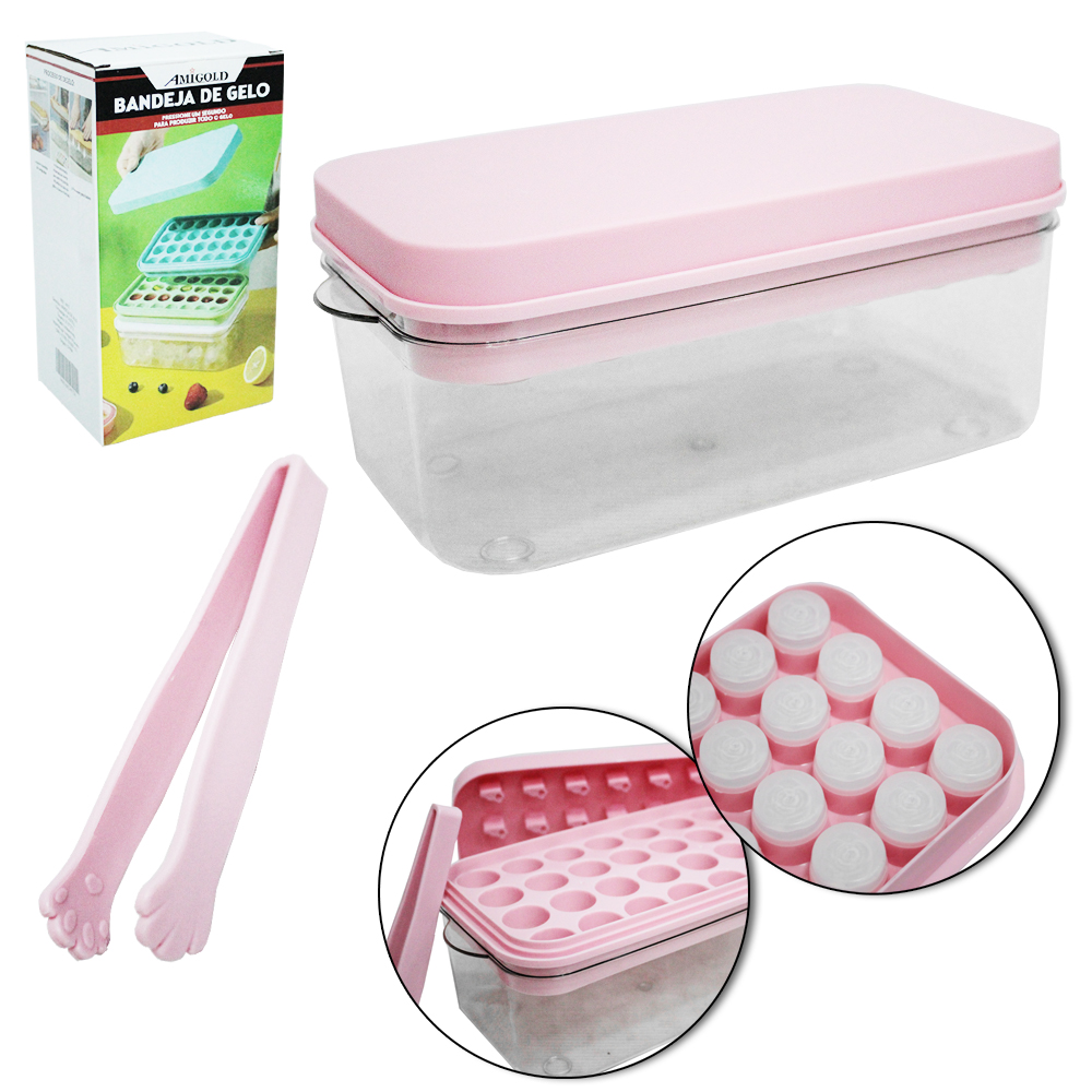 BANDEJA COM FORMA DE GELO COM 28 CAVIDADES REDONDA DE SILICONE / PLASTICO COM TAMPA + PEGADOR 21,512X10CM