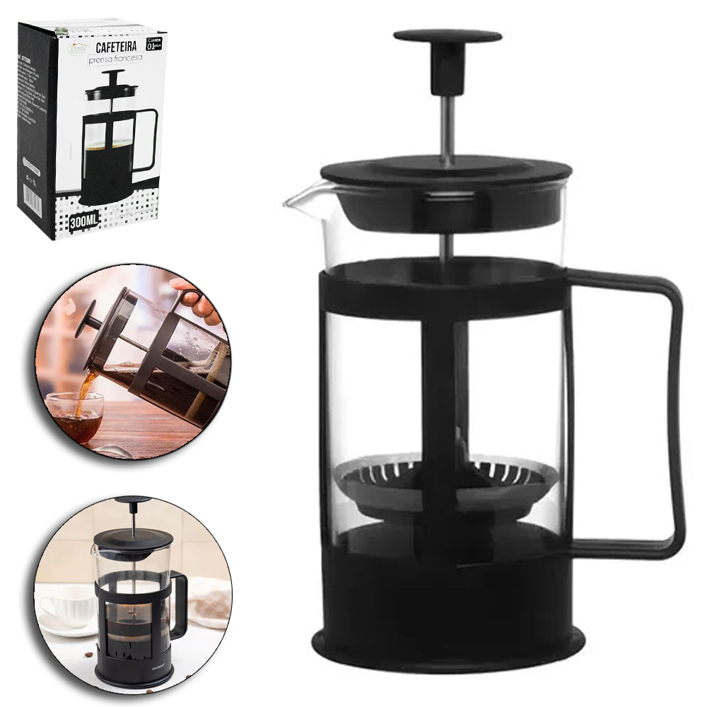 CAFETEIRA FRANCESA / CHALEIRA DE VIDRO 300ML COM TAMPA E BASE DE PLASTICO PRETO