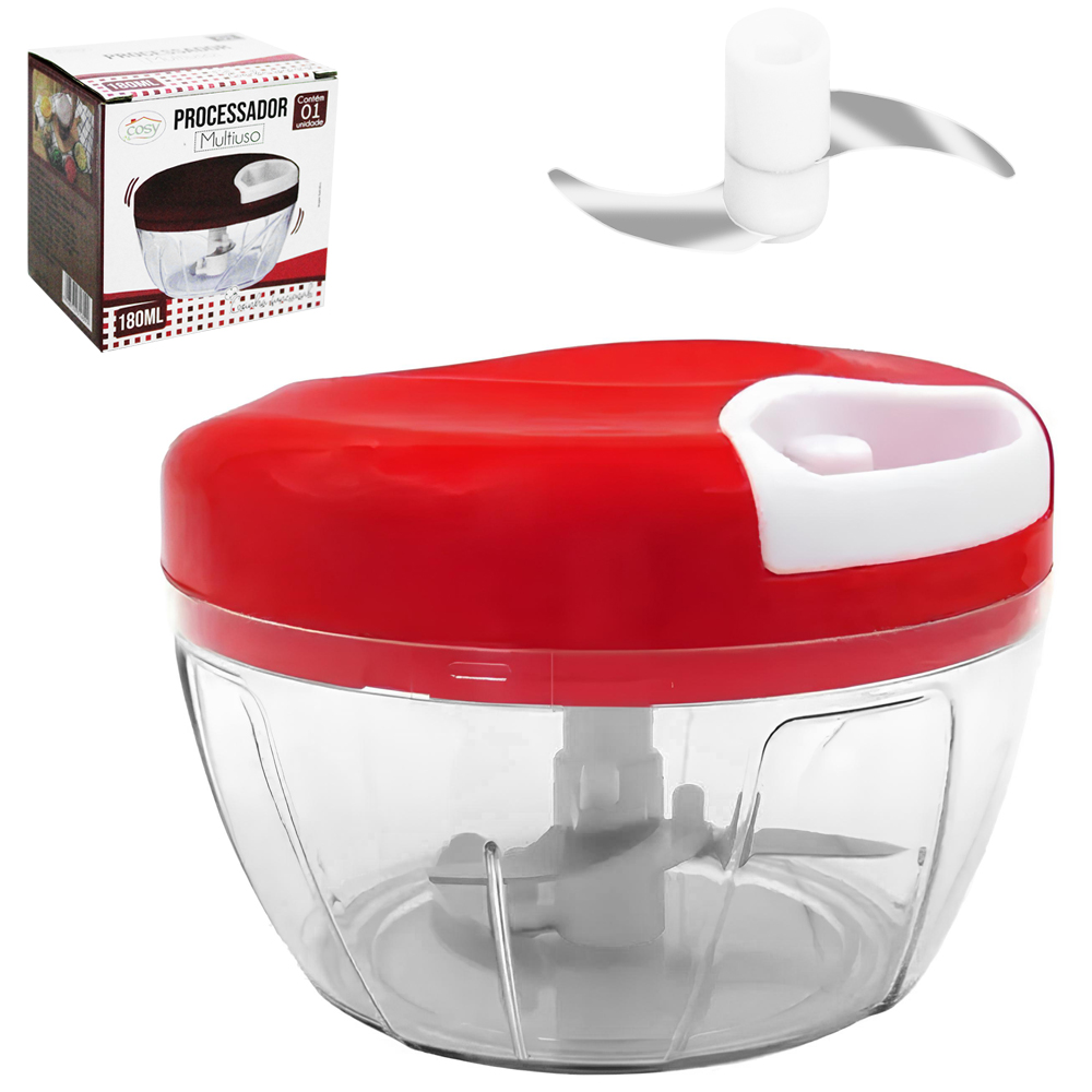 PROCESSADOR DE ALIMENTOS MANUAL A CORDA COM 2 LAMINAS DE INOX VERMELHO 180ML 7X9CM DE Ø